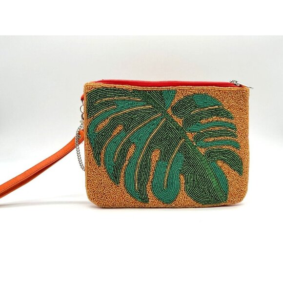 NATASHA beaded palm tree clutch wristlet shoulder bag - Orange/Green - Picture 1 of 8